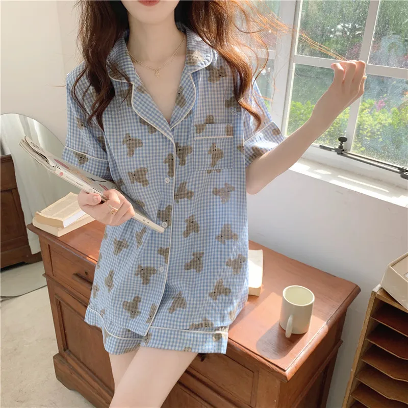 

Летняя Студенческая Пижама Kawaii Bear, Повседневная Домашняя одежда, клетчатые хлопковые шорты с коротким рукавом, костюм для сна, женская пижама D269