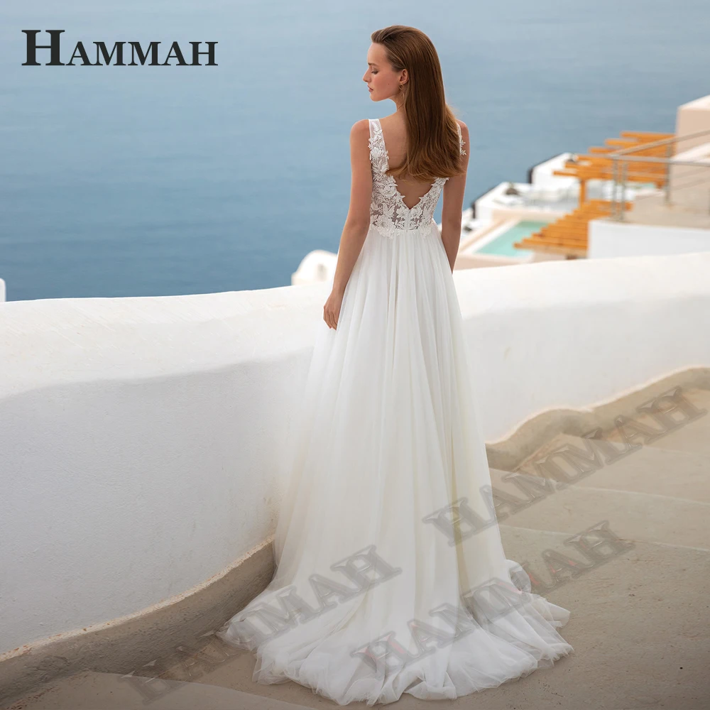 

HAMMAH Wedding Dresses For Women Tulle A Line Tank Sleeveless Backless Robe De Mariée Court Train Appliques Simple Made To Order