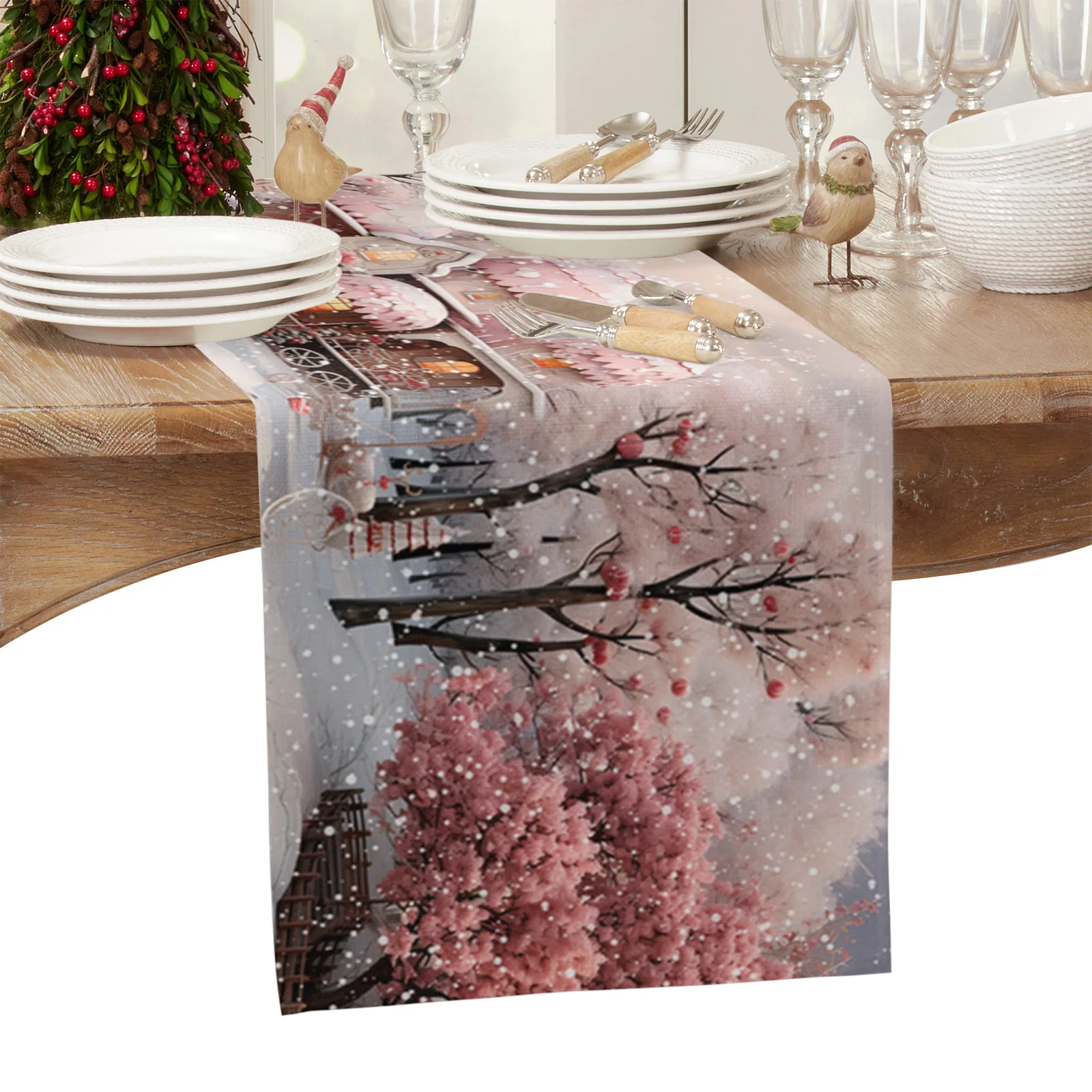 Рождественский снеговик снежная сцена розовый дом дорожка для стола декор 2024