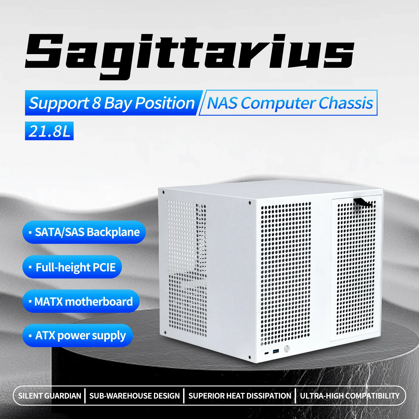 Фото 8-полосный NAS-шасси Sagittarius с блоком питания ATX, материнская плата MATX, полноразмерный PCIE, 21,8 л №2