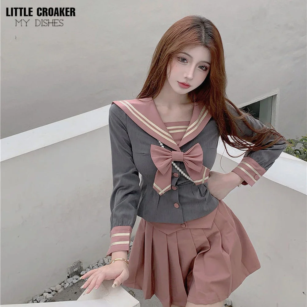 Short Navy Collar Bow Niche Hit Color Stripe Sweet and Cool Long-sleeved Shirt Women's Design Shirt Top Spring and AutumnClothes