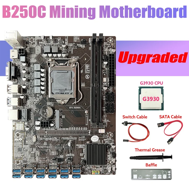 

B250C ETH Miner Motherboard+G3930 CPU+Baffle+SATA Cable+Switch Cable+Thermal Grease 12USB3.0 GPU Slot LGA1151 For BTC