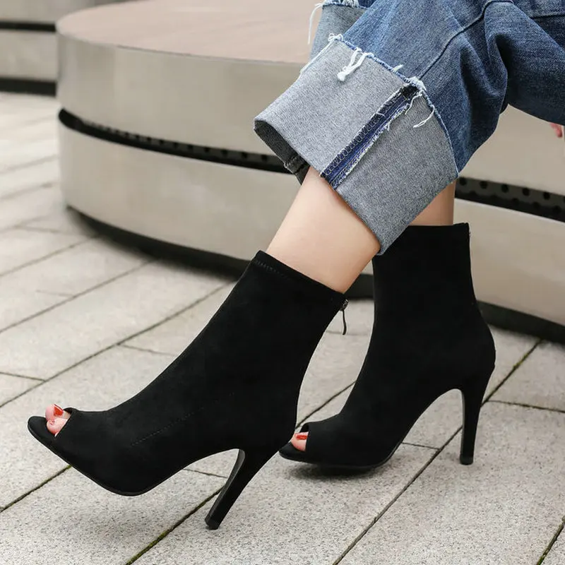 

Summer Fashion Stretch Ladies Sandal Boots Comfortable Cone Heel Zipper Fish Mouth Shoes Female Dance Banquet Women Shoes