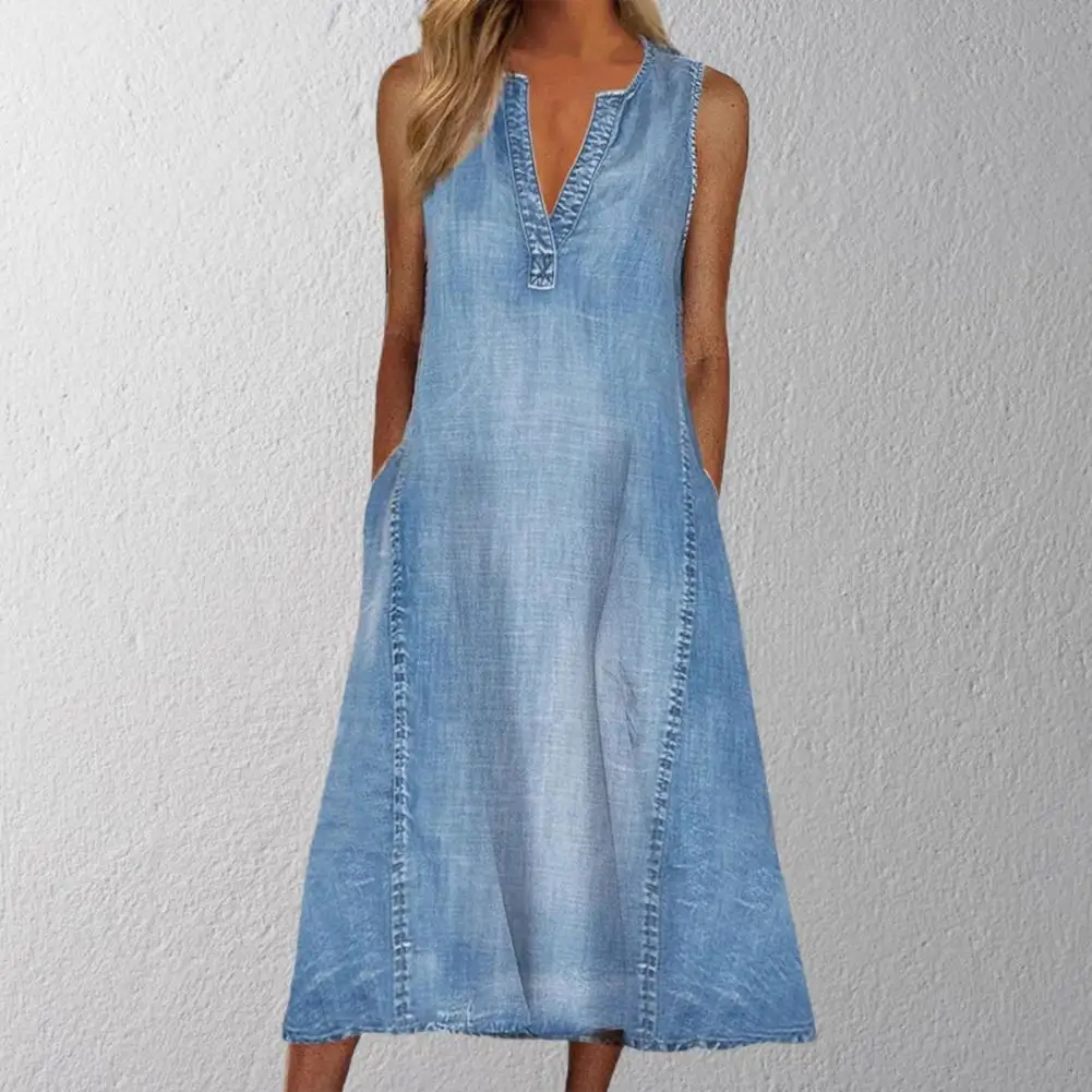 

Tunic Dress Waist Tight Comfy Long Sleeveless V Neck Denim Dress Midi Dress for Date