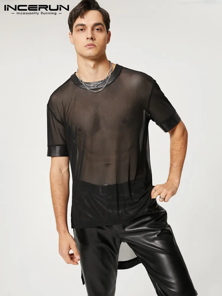 

Sexy Casual Men See-through Mesh Stitching Camiseta Fashion Short Sleeve Front Short Back Long T-shirts S-5XL INCERUN Tops 2022