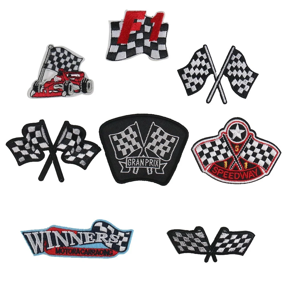 

Cartoon Racing Game Logo retro plaid Flag series for on Clothing DIY Hat Ironing Embroidery Patch Appliques clothes Accessories