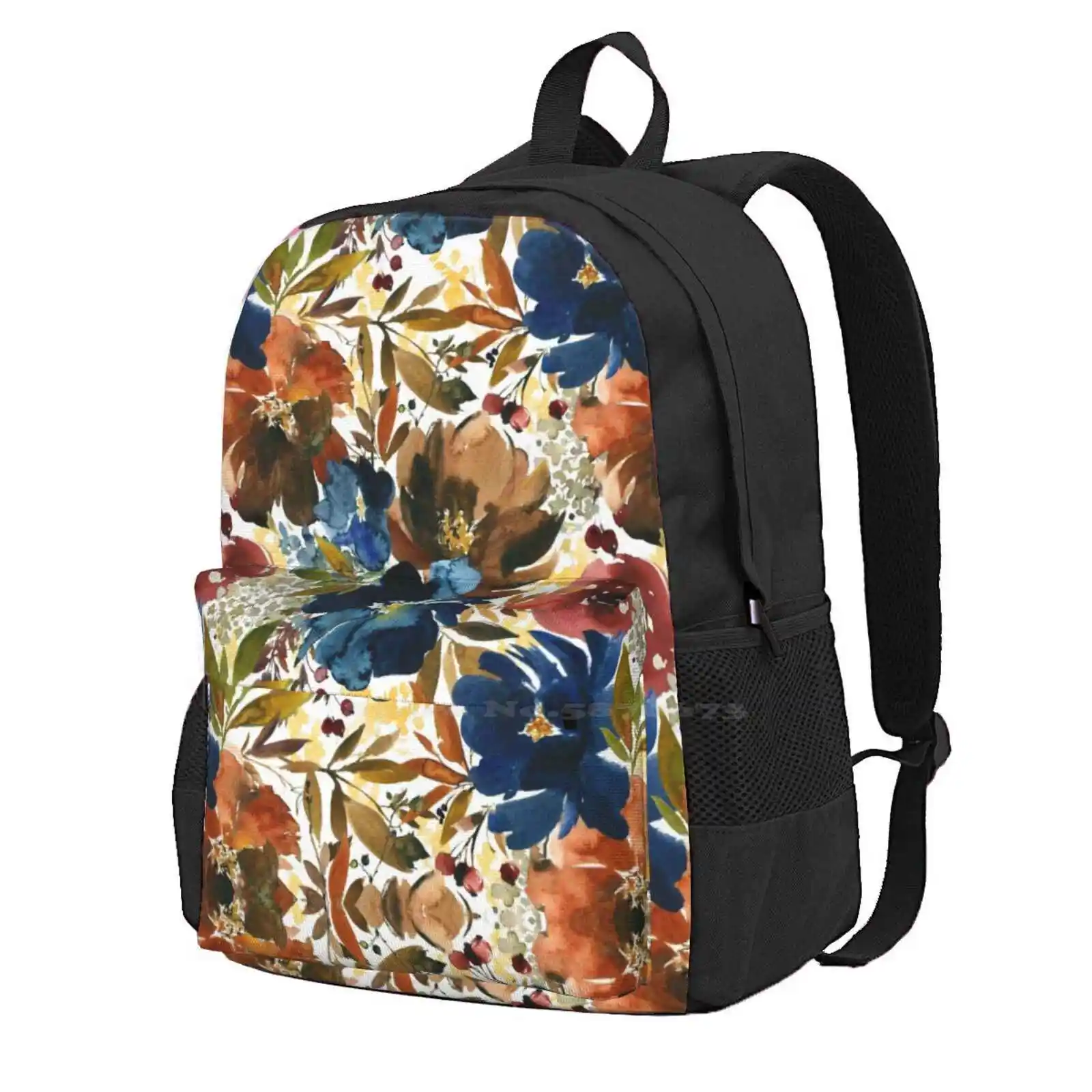 Colorful Orange Brown Navy Blue Yellow Fall Floral Travel Laptop Bagpack School Bags Colorful Yelow Autumn Floral Fall Floral