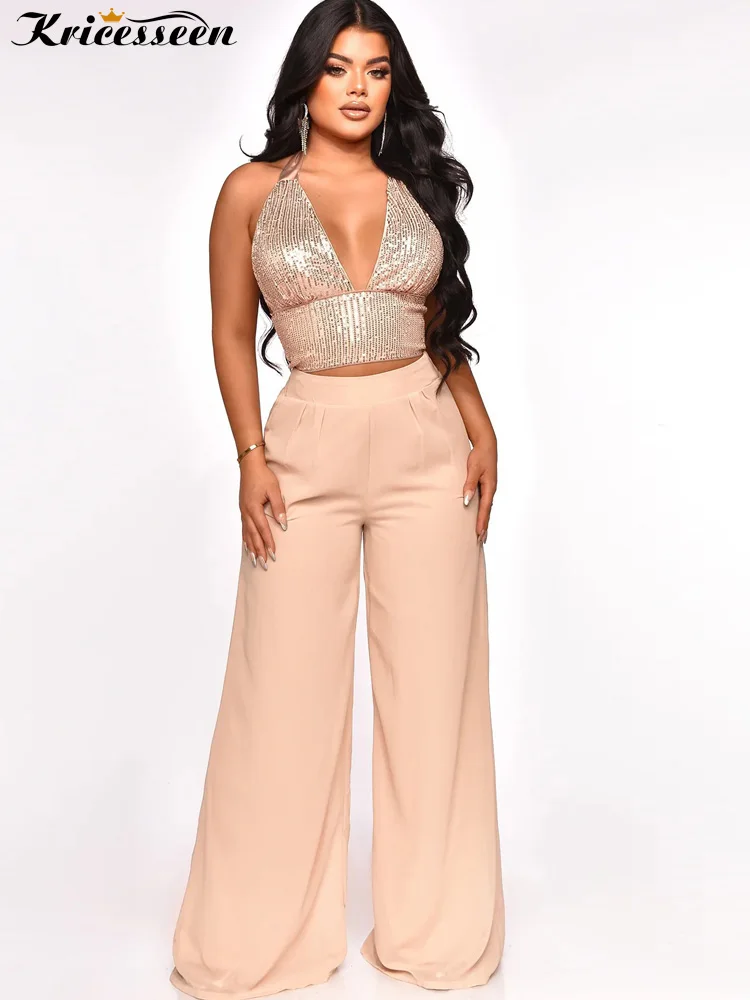 

Kricesseen Sexy Two Pieces Pant Set Women Halter Sequined Crop Top And Chiffon High Waist Leggings Suit Clubwear Outfits