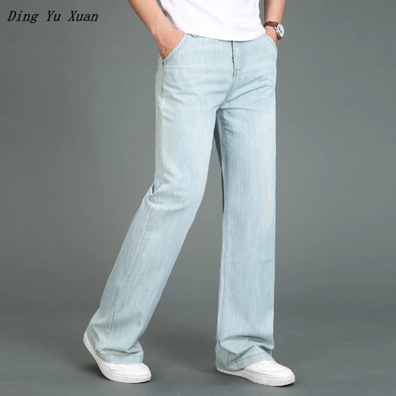 Men's Business High Waist Denim Flare Suit Pants Trendy Fashion Loose Straight Thin Flared Jeans Middle-Aged Trousers