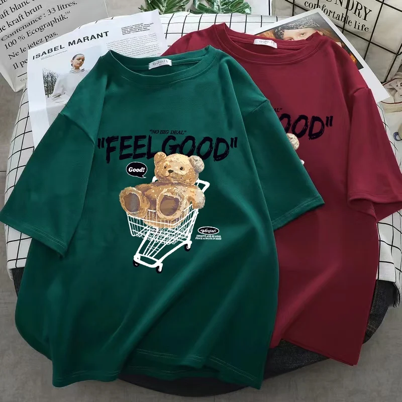 Женская свободная футболка с коротким рукавом и мультипликационным медведем