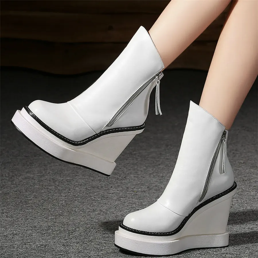 Flat With Platform Shoe Women Genuine Leather Super High Heels Party Pumps Female Round Toe Wedges Fashion Sneakers Casual Shoes