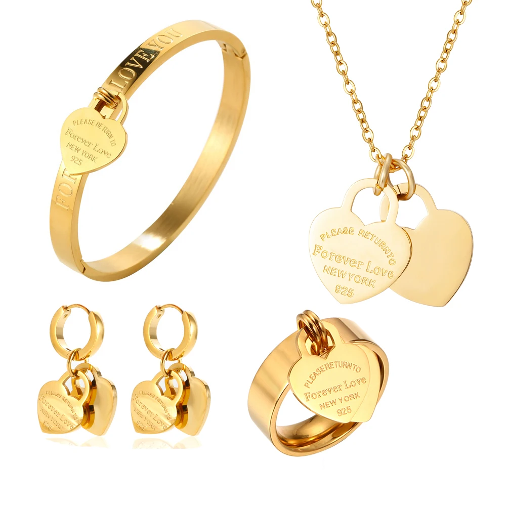 

JINHUI Stainless Steel Heart Pendant Set Fashion Bangles Necklace Earrings Love Charm 18 K Gold Plated Waterproof Jewellery Gift