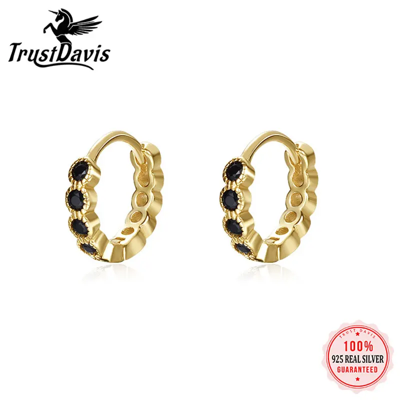 

TrustDavis Real 925 Sterling Silver Fashion INS 18K Gold Black Zircon Retro Hoop Earring For Women Wedding Fine Jewelry LB154
