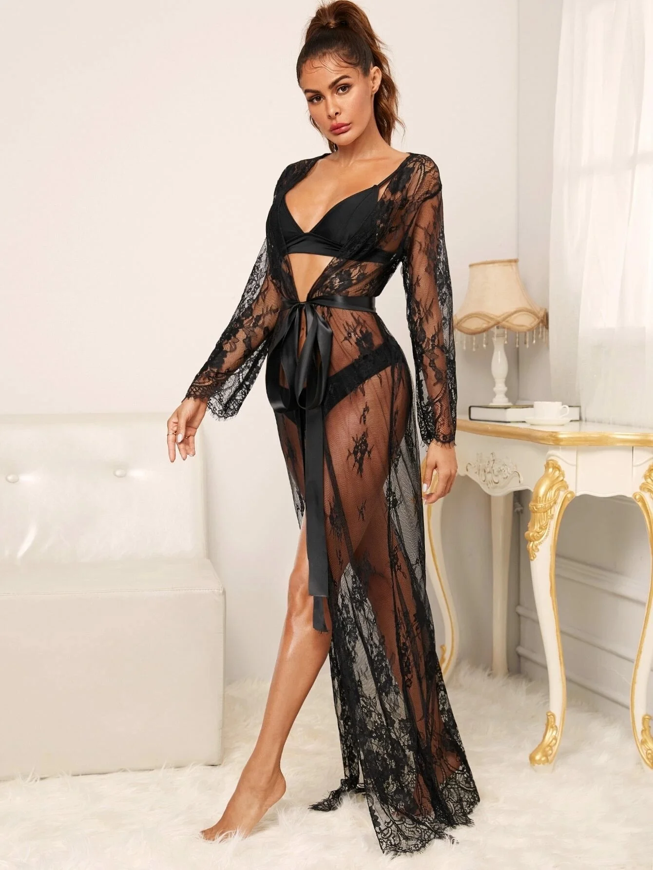 

New imitation black home clothes two-piece set fashionable and comfortable lace Pajama