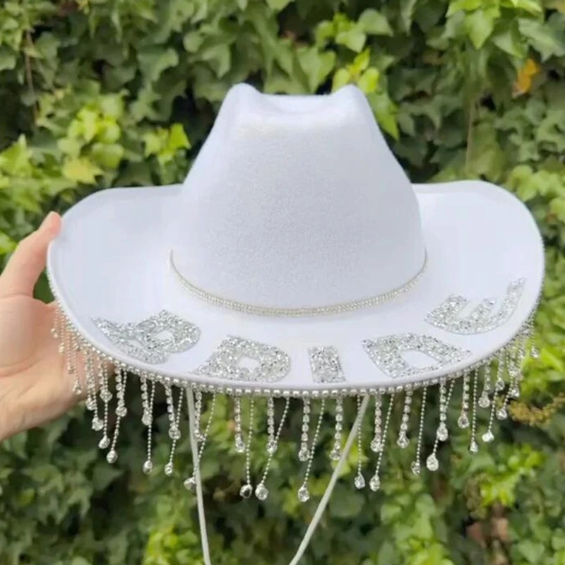 

Bride Cowboy Hat White Cowgirl Hat with Rhinestones and Tassels Decorations