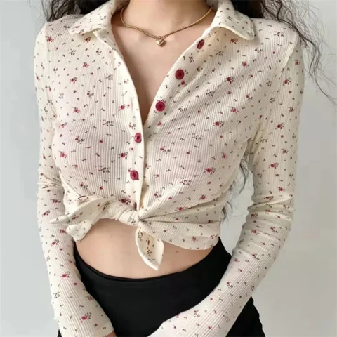 Vintage Cute Red Floral Print Fashion Woman Blouses 2022 Spring Turn Down Collar Long Sleeve Melville Tops Y2k Clothes Blusas