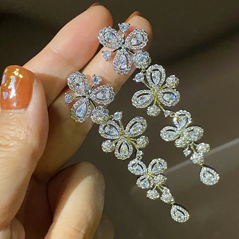 

Luxury Fashion Style Flower Cluster Long Gold Plated Earrings Blue Zircon Women's Trend Summer New Party Gift