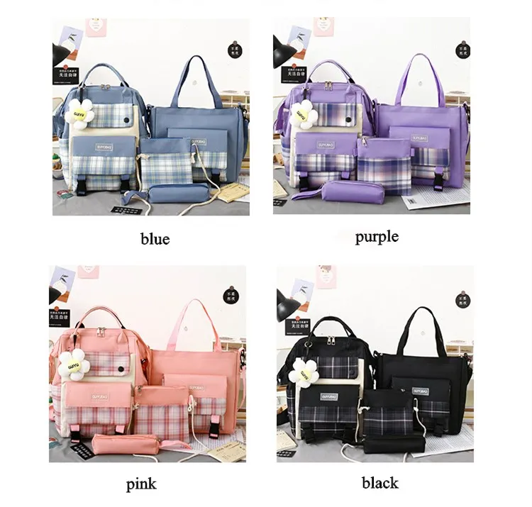 4 Pcs Set Children Shoulder Bag Cute Teen Girls Boys Book Bag Women School Bag Canvas Backpack Mochila Large Capacity Travel Bag