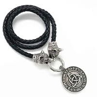 nostalgia trinity symbol irish knots viking runes round pendant men necklace with wolf head leather chain