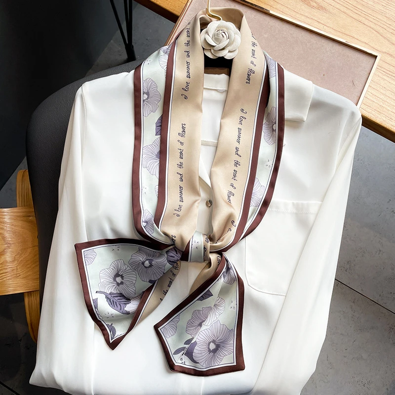 

17*150cm Lady Accessories Silk Hair Scarves Neckerchief Women Handle Bag Ribbon Tie Elegant Floral Long Skinny Head Foulard