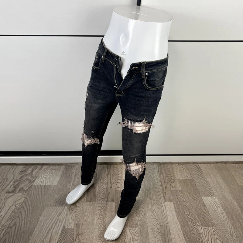 High Street Fashion Men Jeans Retro Black Blue Elastic Skinny Fit Ripped Jeans Men Patched Designer Hip Hop Brand Pants Hombre