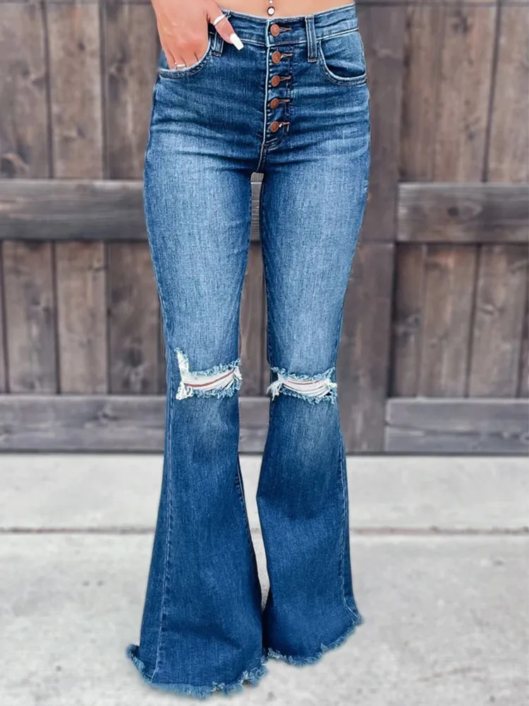 

2022 Elegant Ripped Flare Solid Jeans Fashion High Waist Denim Pants Women Vintage Buttoned Pocket Slim Fit Trousers Streetwear
