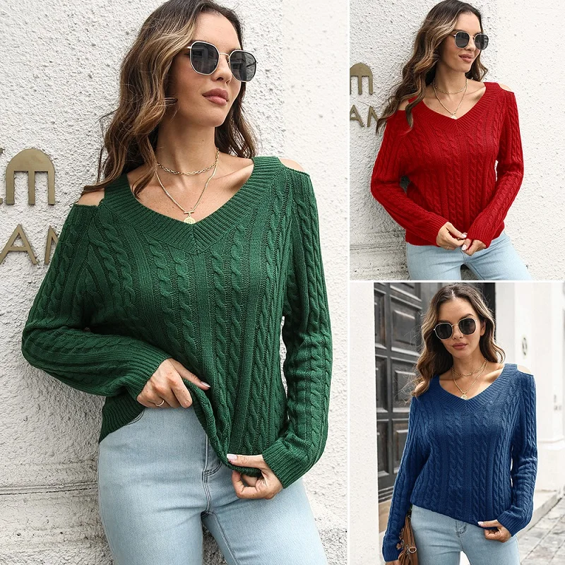 

Women Autumn Winter New Solid Design Casual Fried Dough Twist Off Shoulder V-neck Loose Long Sleeved Knitted Sweater Female Wear