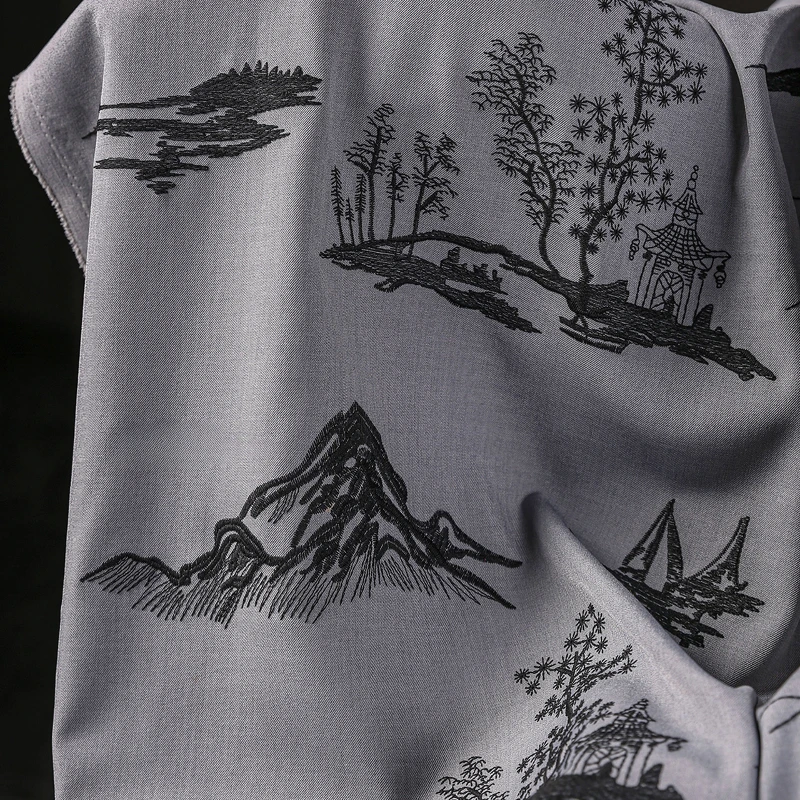 Пессенция пейзажная вышивка ткань для костюма серая нижняя часть черная линия