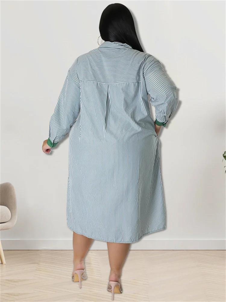 Plus Size Dresses for Women New Fall Clothes Elegant Striped Patchwork Streetwear Maxi Shirt Dress Who 3xl 4xl 5xl 6xl