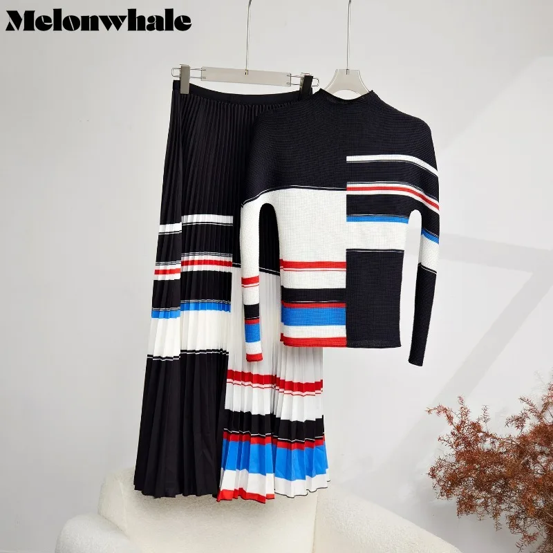 

MelonWhale Miyake Pleated Two Piece Skirt Sets Women 2023 New Stripe Printed Turtleneck Tops High Suit Loose Pleated Skirts