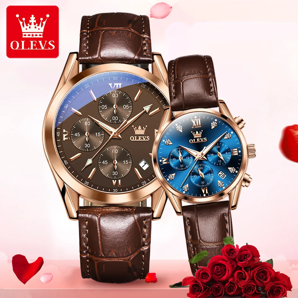 OLEVS Couple Watch for Men Women Waterproof Quartz Wristwatch Men Women Leather Strap Chronograph Design Lover's Watch Gifts