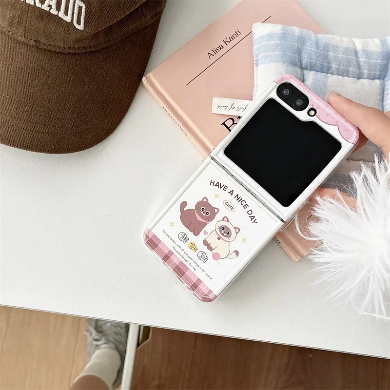 Для Samsung Galaxy Z Flip 6 5 4 3 браслет с мультяшным котом противоударный чехол прямым