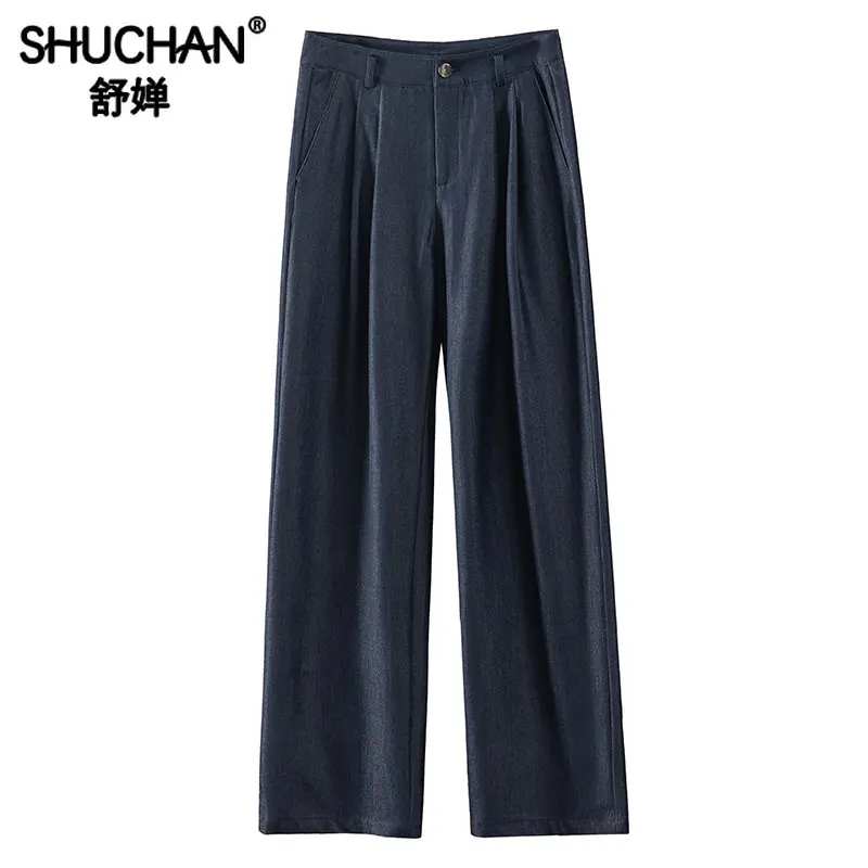 

Women Pants Polyester Spandex Full Length Casual Pantalon Pour Femme Wide Leg Pants Summer Zipper Fly Pleated