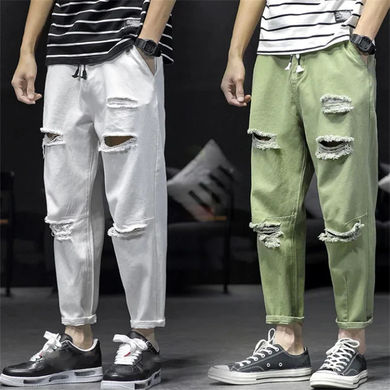 

Ripped Hole Jeans Men Spring Summer Harem Pants Loose Korean Trousers Solid Color Casual Jeans Pants 2022