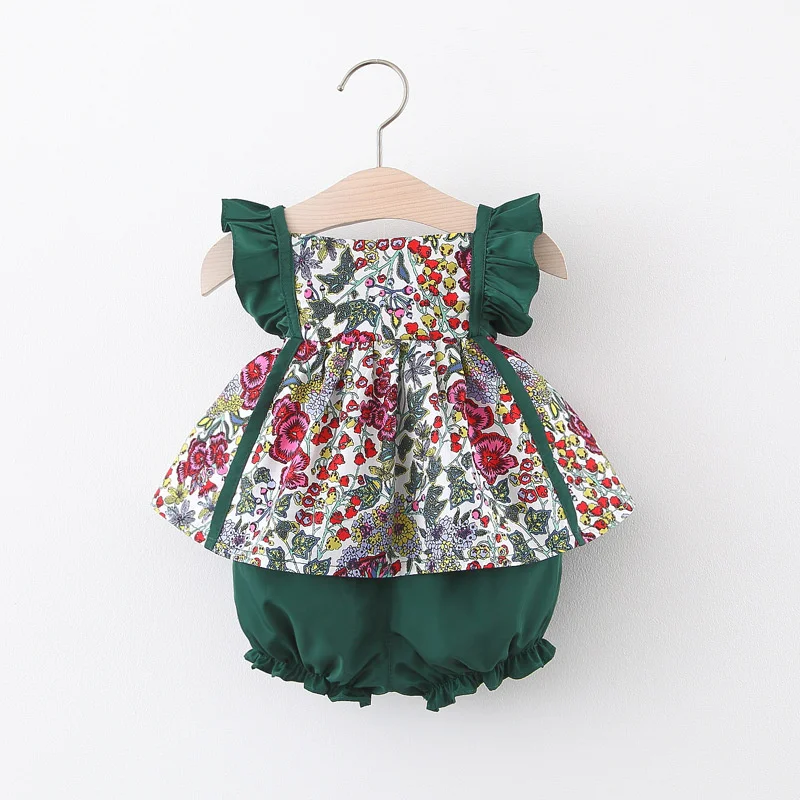 

2 Pcs Baby Girl Clothes Set Summer Green Floral Ruffle Sleeveless Toddler Girl Tops Dress + Shorts Newborn Girl Clothing