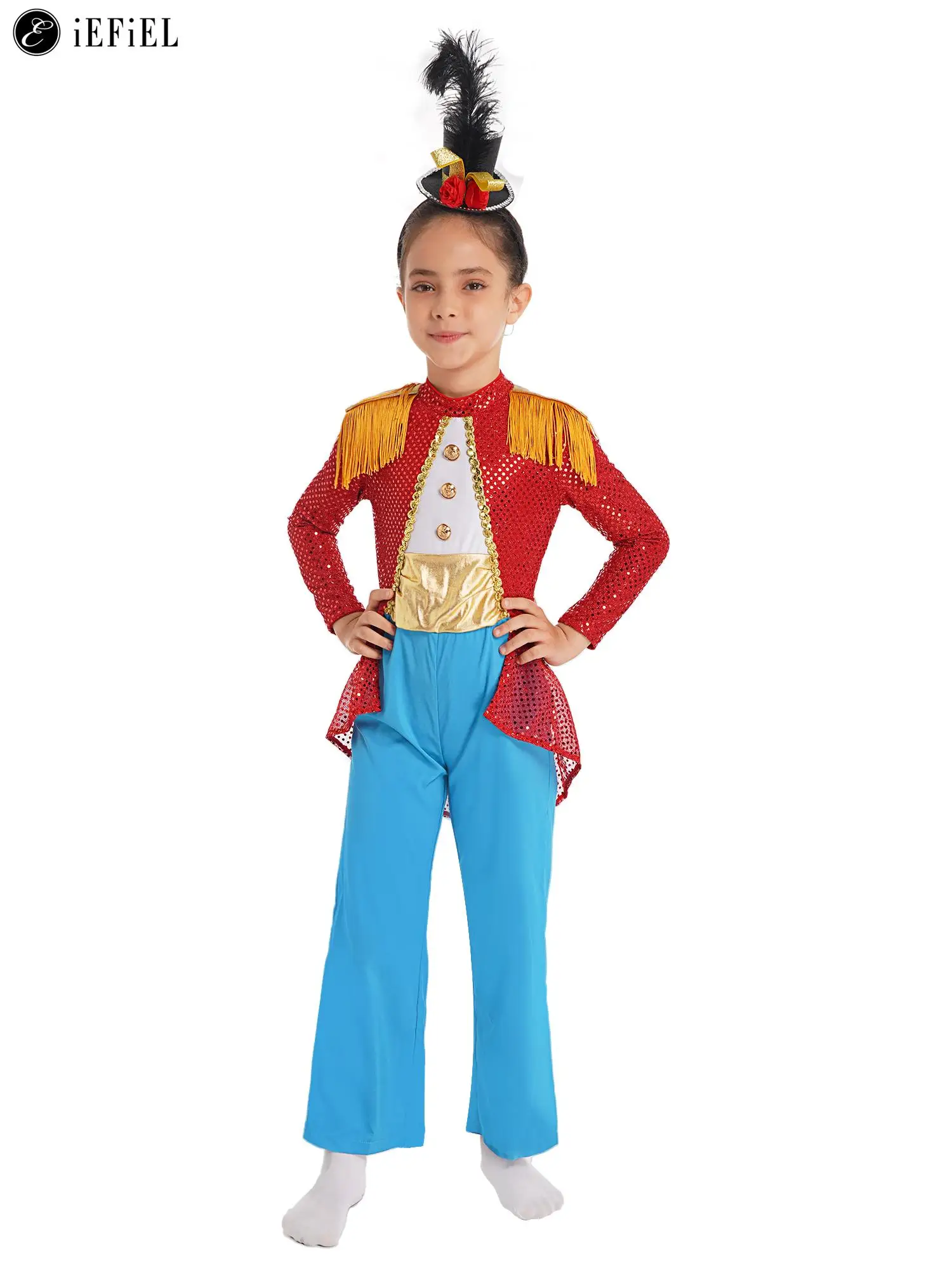 

Kids Girls Sequins Long Sleeve Tassels Shoulder Jumpsuit Halloween Costume Cosplay Party Circus Ringmaster Lion Tamer Dress Up