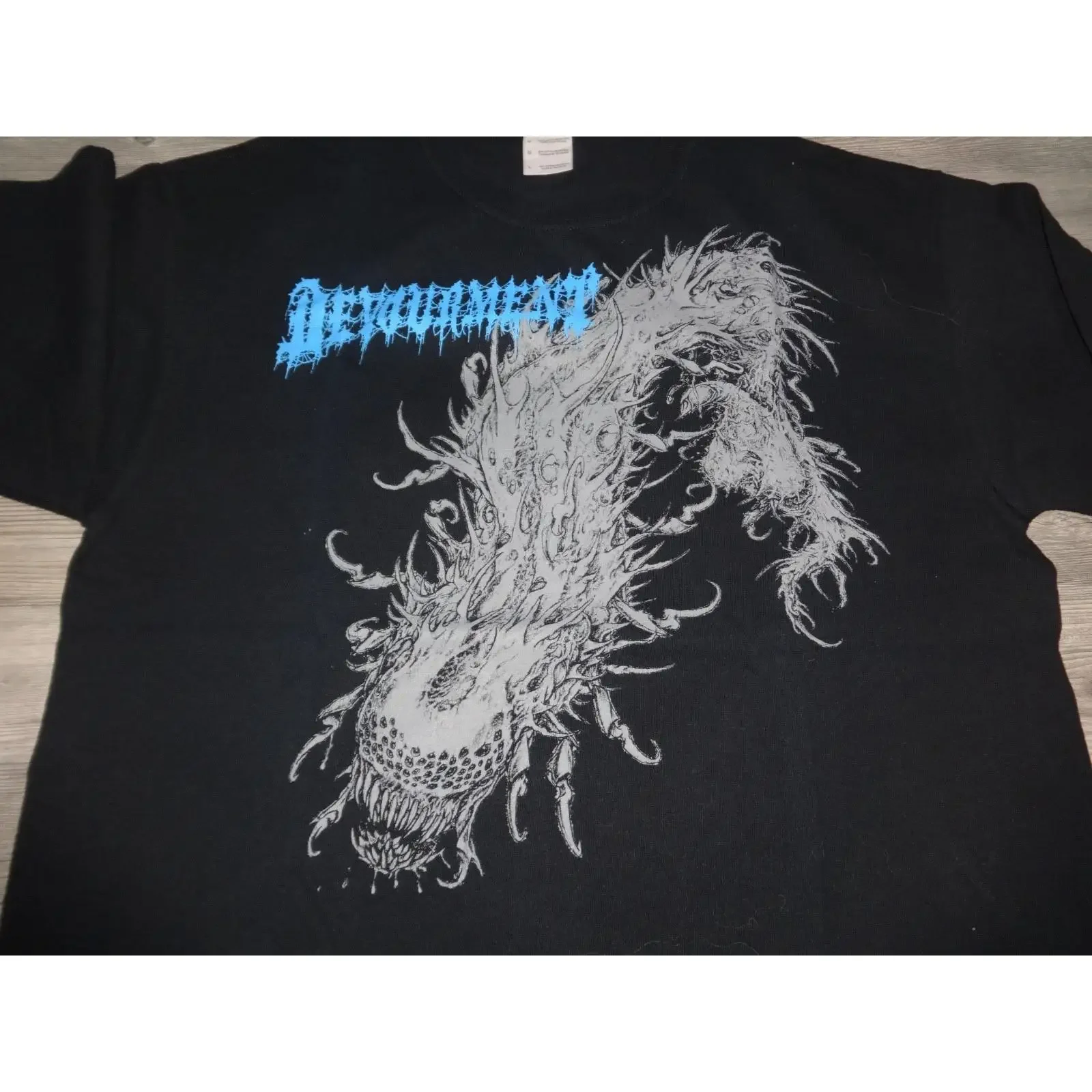 Фото Винтажная футболка Devourment Old Vintage T Shirt Death Metal Kraanium Prostitute Disfigurement с эффектом потертости для повседневной носки, с графическим принтом №1