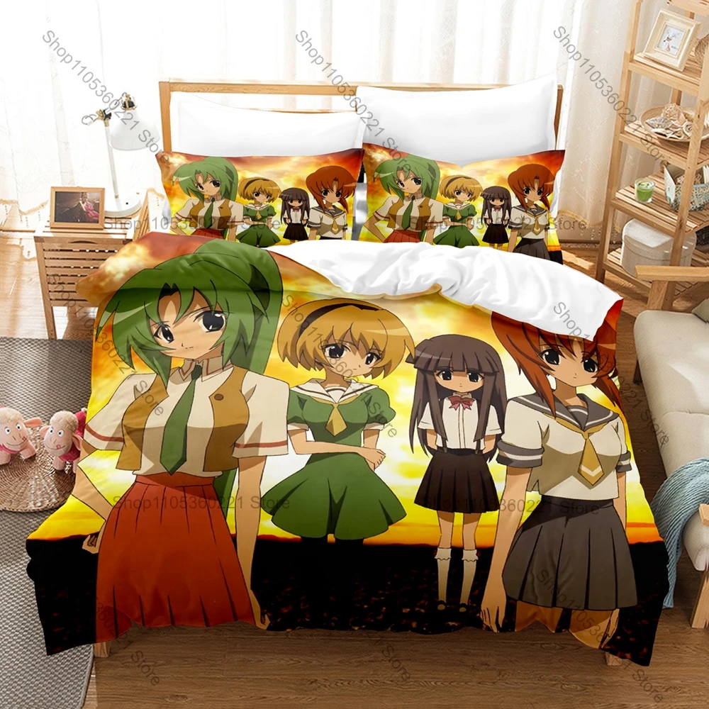 Фото Комплект постельного белья с принтом персонажей аниме Hinamizawa Village Higurashi: пододеяльник + 2 наволочки, размеры Twin, Full, Queen, King №5