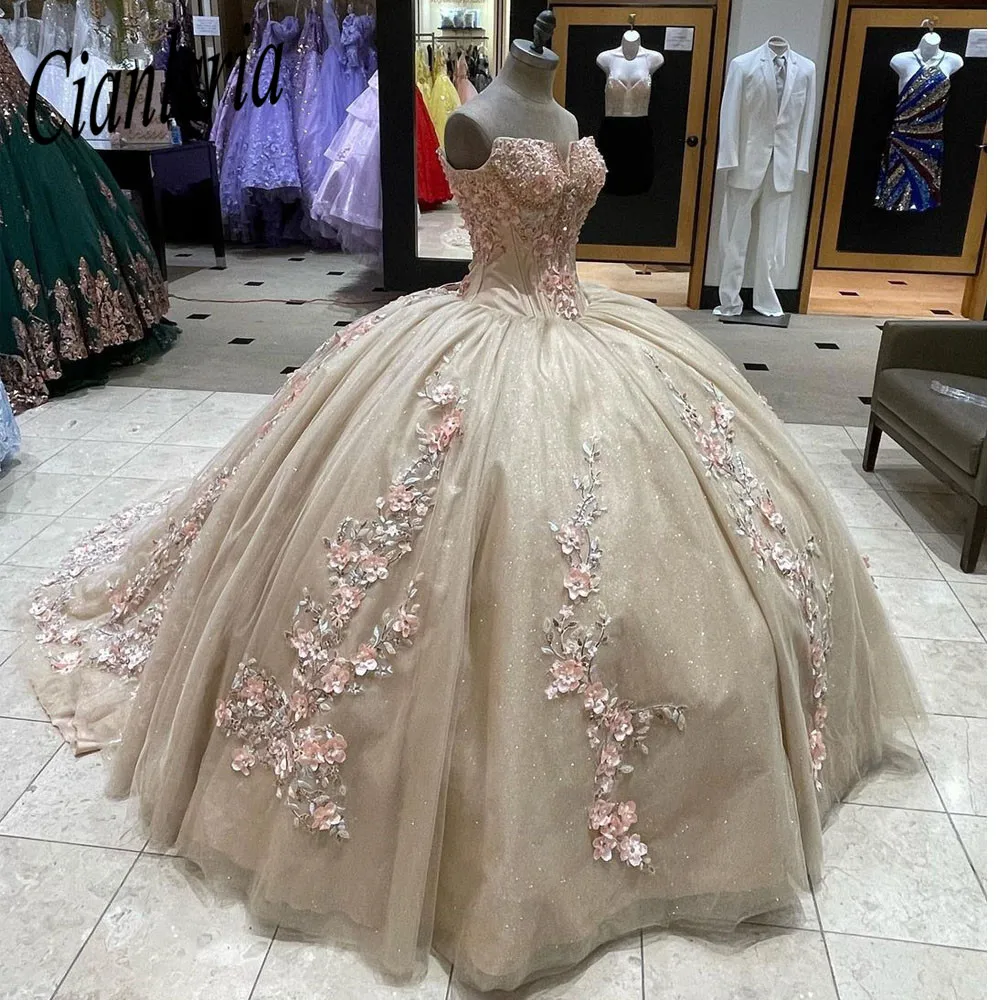 

Блестящие платья цвета шампанского для Quinceanera, бальное платье с 3D кружевной аппликацией, платья для выпускного вечера, милое длинное платье ...