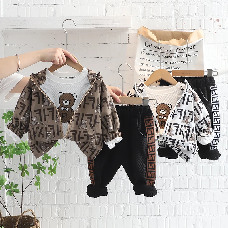 

Autumn New Cute Bear Print Clothes Suit Fashion Casual Jacket Three-piece Set