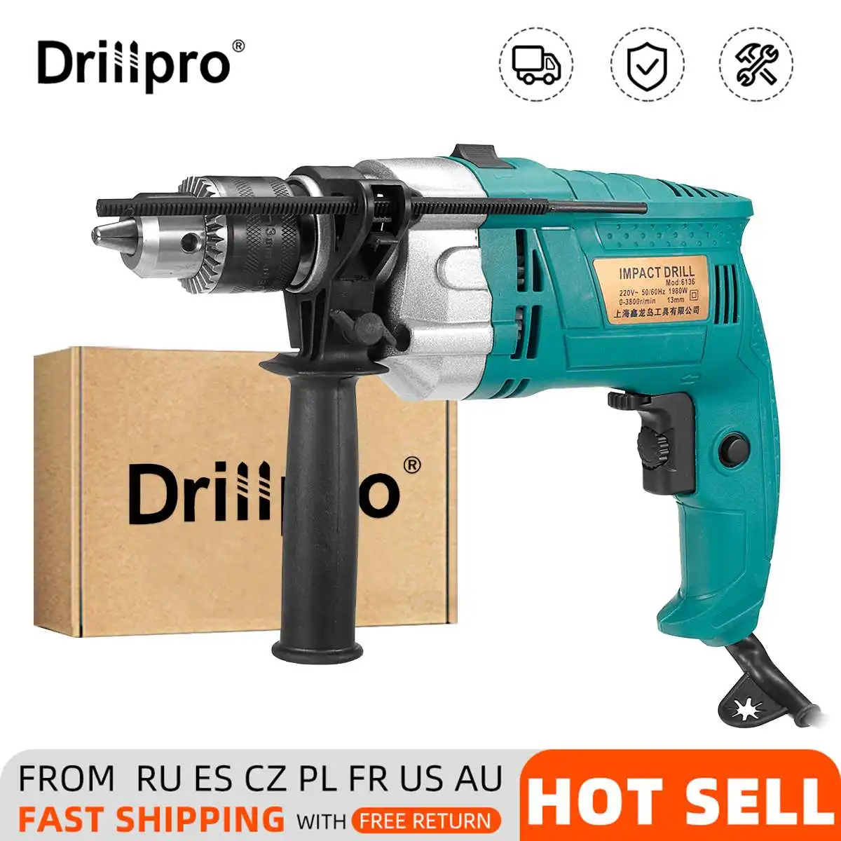 Drillpro 1980 Вт 3800 об/мин 13 мм бесщеточная электрическая Ударная дрель плоские