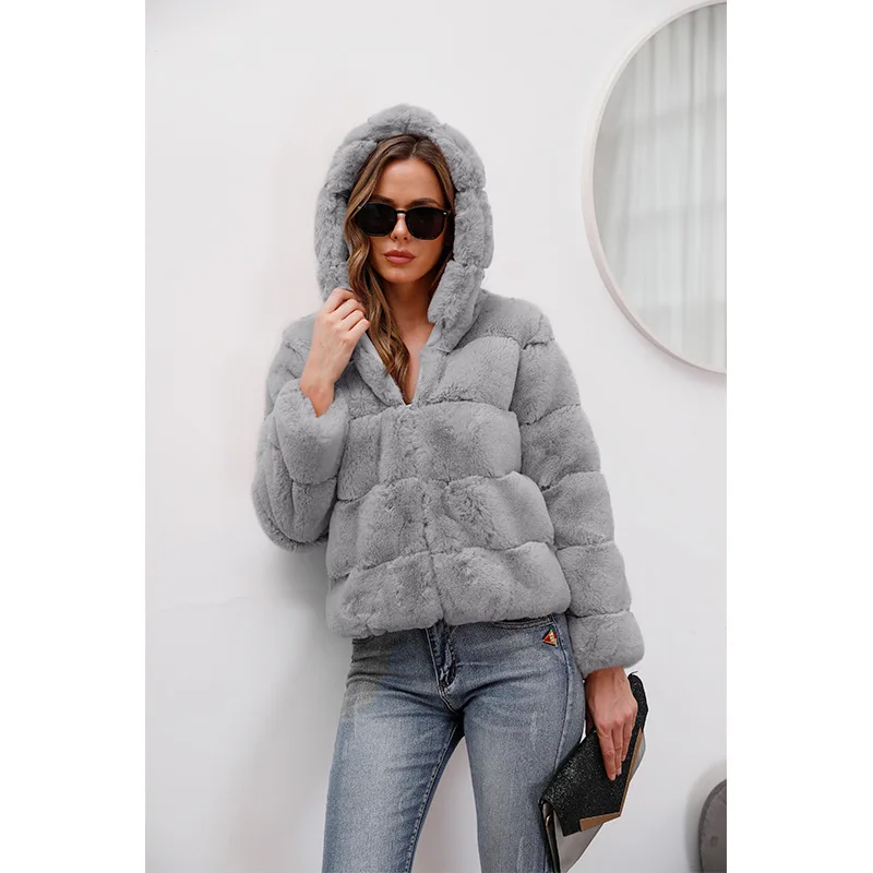 2022 New Short Faux Fur Coat Solid Color Loose Horizontal Patchwork Hooded Coat Imitation Fur Warm Coat Autumn Winter