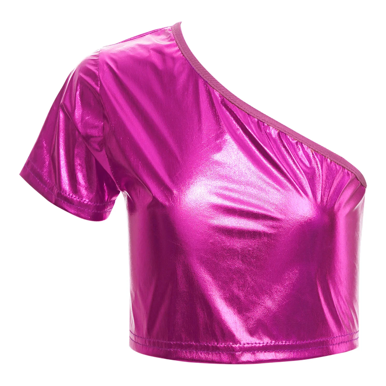 

Kids Girls Boys T-shirts Hip-hop Jazz Dance Tops Fashion Shiny Metallic Short Sleeve One Shoulder Tanks Crop Top for Performance