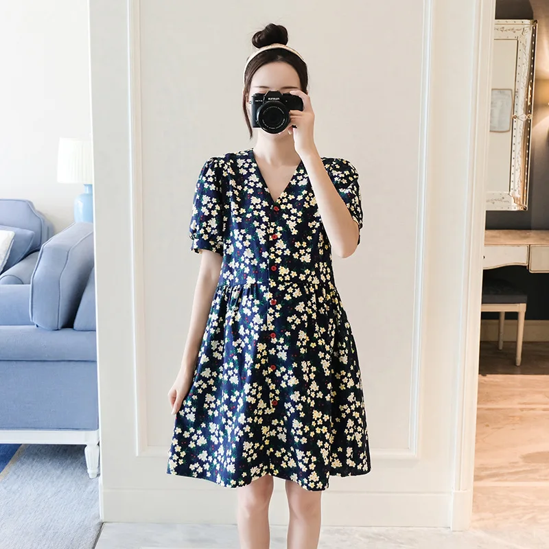 

Maternity Dress New Summer Floral V-neck A-line Skirt Medium Long Age Reducing Dress