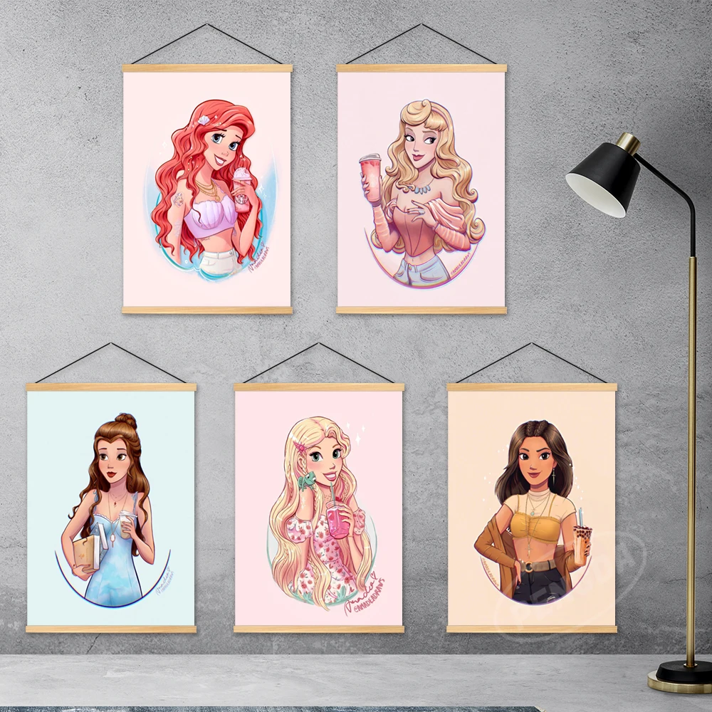 

Print Belle Canvas Disney Princess Poster Cinderella Home Decoration Wall Aurora Artwork Picture Ariel Wooden Hanging Painting