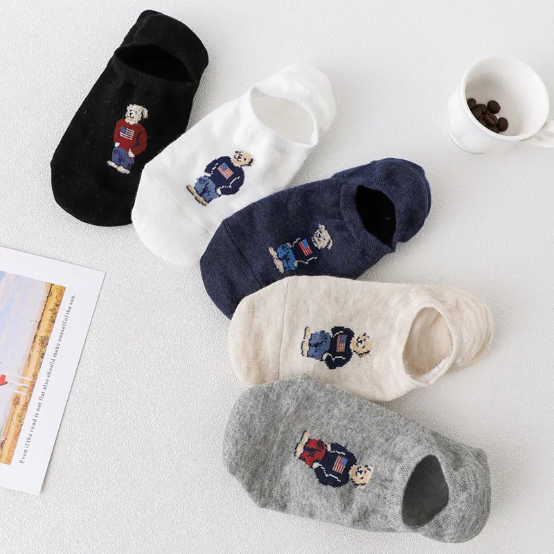 5pair/lot Fashion Men's Boat Socks Cartoon Bear Summer Autumn Non-slip Invisible Silicone Cotton Ankle Slippers Socks Retro