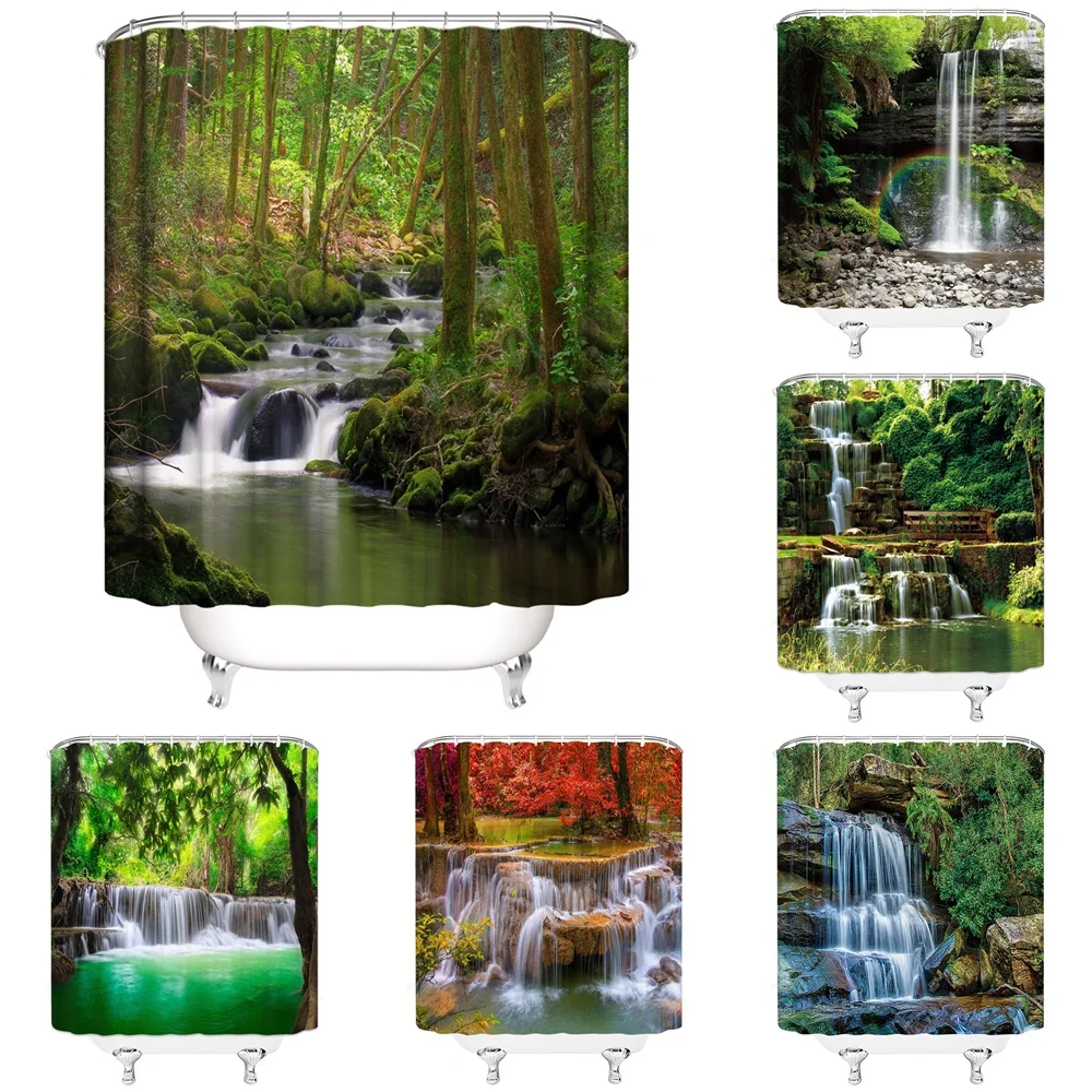 

Waterfall Scenery Shower Curtains Natural Landscape Tropical Rainforest Green Plant Leaf Lake Forest Falls Bathroom Decor Fabric