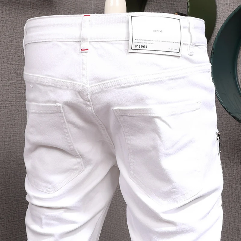 Street Fashion Men Jeans White Elastic Stretch Skinny Ripped Jeans Men Zipper Designer Black Patched Hip Hop Brand Pants Hombre