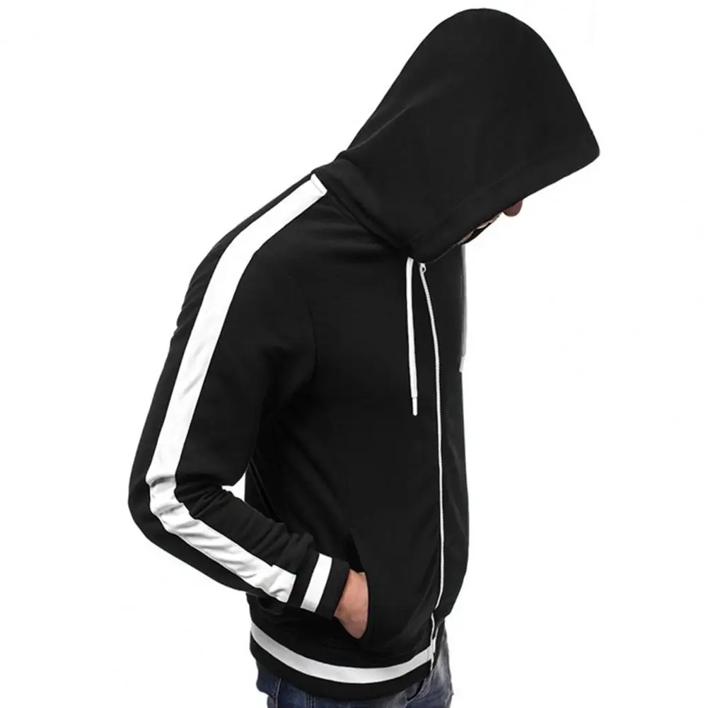 

Men Hoodie Coat Contrast Color Splicing Stripe Hoodie Coat Slim Fit Fleece Lining Drawstring Pockets Men's Stylish Outwear