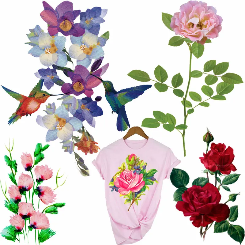 

Rose Flower Patches on Clothes Iron-on Transfers for Clothing Thermoadhesive Patches Birds Thermal Stickers for Women T-shirt